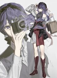  1girl absurdres bag bare_shoulders black_hat boots camera check_clothing clothing_request earrings hat high-waist_skirt highres holding holding_bag holding_camera jewelry lucilla_(wuthering_waves) official_alternate_costume open_mouth pizza-la projected_inset purple_hair red_boots red_skirt skirt smile sunglasses um? violet_eyes wuthering_waves 