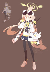  1girl ai_arctic_warfare assault_rifle black_pantyhose blue_archive blue_skirt bolt_action bow bowtie bullpup cetacean_tail chest_holster commentary english_commentary eyewear_on_head fins fish_tail full_body gun handgun hexig0ne hifumi_(blue_archive) highres l85 long_hair low_twintails miniskirt pantyhose pink_hair pink_shoes pouch reference_inset rifle shoes signature skirt sniper_rifle solo sunglasses sweater tail thumb_sucking twintails twitter_username very_long_hair weapon white_sweater yellow_bow yellow_bowtie yellow_eyes 