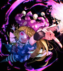  1girl :d american_flag american_flag_dress american_flag_print artist_name blonde_hair clownpiece commentary_request dated dress fairy fairy_wings fire flag_print hat highres holding holding_torch jester_cap long_hair looking_at_viewer neck_ruff open_mouth pantyhose pink_eyes polka_dot_headwear purple_hat short_sleeves smile solo star_(symbol) star_print striped_clothes striped_dress striped_pantyhose tami_(joemanyodw) torch touhou very_long_hair wings 
