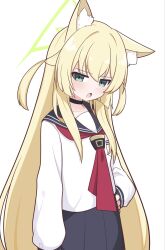  1girl animal_ear_fluff animal_ears black_choker blonde_hair blue_archive blue_sailor_collar blue_skirt choker commentary cowboy_shot fox_ears green_eyes green_halo halo hand_on_own_hip highres kurumi_(blue_archive) light_blush long_hair neckerchief open_mouth red_neckerchief sailor_collar school_uniform shirt sidelocks simple_background sironuigurumi skirt solo tactical_school_uniform two_side_up untranslatable_commentary very_long_hair white_background white_shirt 