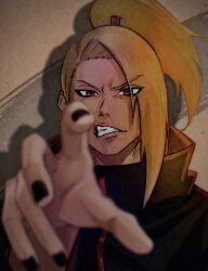  1boy akatsuki_uniform black_nails blonde_hair clenched_hand commentary_request deidara_(naruto) eyes_visible_through_hair highres long_hair looking_at_viewer male_focus naruto_(series) naruto_shippuuden oishiiudon1240 reaching reaching_towards_viewer short_hair solo teeth 