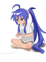  1girl :3 ahoge artistic_error barefoot blue_hair blush commentary controller crossed_legs feet full_body game_controller green_eyes grey_shorts gsa082rnw highres holding holding_controller holding_game_controller indian_style izumi_konata long_hair looking_at_screen lucky_star no_mole playing_games shirt shorts sitting solo thighs very_long_hair white_shirt 