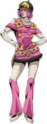  1girl anime_coloring araki_hirohiko_(style) belt black_hat bob_cut bodysuit breasts capelet clothing_cutout cream_starter_(stand) dress flower_ornament full_body gold_belt gold_flower grey_bodysuit hands_on_own_hips hat highres holster hot_pants_(sbr) jojo_no_kimyou_na_bouken key_visual leaf_ornament leg_warmers looking_at_viewer makeup official_art pink_capelet pink_dress pink_eyes pink_hair pink_leg_warmers pink_lips promotional_art shoes short_hair shoulder_cutout solo stand_(jojo) standing steel_ball_run striped_bodysuit transparent_background tsumagari_daisuke white_shoes 