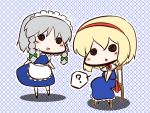  2girls alice_margatroid blonde_hair braid chair chibi fuugetsu_oreha_ikiru grey_hair hairband izayoi_sakuya maid maid_headdress multiple_girls o_o silver_hair sitting standing touhou twin_braids v_arms 