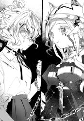  2girls chain highres hood kana_(mahoiku) long_hair magical_girl mahou_shoujo_ikusei_keikaku mahou_shoujo_ikusei_keikaku_red maruino multicolored_hair multiple_girls novel_illustration official_art pity_frederica pleated_skirt serious shirt short_hair skirt smile spoilers star_ornament third-party_source torn_clothes white_shirt 