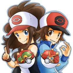  1boy 1girl anemone1130 antenna_hair baseball_cap blue_eyes blue_jacket brown_eyes brown_hair commentary_request hat hilbert_(pokemon) hilda_(pokemon) holding holding_poke_ball index_finger_raised jacket looking_at_viewer ok_sign poke_ball poke_ball_(basic) pokemon pokemon_(creature) pokemon_black_and_white shirt sleeveless sleeveless_shirt snivy victini white_background 
