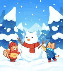  2girls animal_ears artist_name beanie blue_coat blue_scarf blue_sky brown_coat brown_fur cat_ears cat_girl cat_tail coat day furry furry_female hat holding holding_snowball kaaileen multiple_girls original outdoors pine_tree red_hat red_scarf scarf sky snow snowball snowing snowman squirrel_girl squirrel_tail tail tree whiskers 