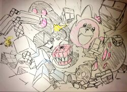  1boy bewear block_(minecraft) brick commentary_request dust explosive fighting highres holding holding_pickaxe lit_fuse minecraft open_mouth pickaxe pikachu pokemon pokemon_(creature) short_hair smile steve_(minecraft) super_smash_bros. tnt tnt_block_(minecraft) traditional_media yasuda_shuuhei 