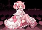  artist_request blush capelet dress gloves hair_bow kaname_madoka mahou_shoujo_madoka_magica open_mouth pink_eyes pink_hair platform_shoes shawl sitting solo source_request thigh-highs twintails 