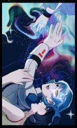  1boy 2girls aeug aqua_eyes commentary_request earth_federation fa_yuiry four_murasame gundam highres kamille_bidan looking_at_another multiple_girls open_mouth reaching smile snht_2 space spiky_hair star_(sky) zeta_gundam 