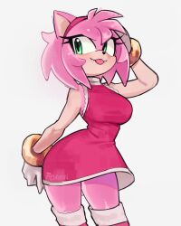  1girl absurdres achtzenn amy_rose animal_ears animal_nose arm_up artist_name bare_shoulders boots bracelet breasts commentary cropped_legs dress fangs fangs_out furry furry_female gloves green_eyes grey_background hairband hedgehog highres jewelry large_breasts looking_to_the_side medium_breasts pink_dress pink_fur pink_hair pink_hairband pink_thighhighs red_dress red_hairband short_dress short_hair simple_background sleeveless sleeveless_dress smile solo sonic_(series) standing thigh-highs thighs tongue tongue_out white_background white_gloves wide_hips 