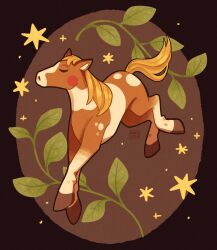  animal_focus artist_name blonde_hair blush_stickers brown_background brown_fur chinese_zodiac closed_eyes highres horse kaaileen leaf no_humans original solo star_(symbol) two-tone_background two-tone_fur white_fur year_of_the_horse 