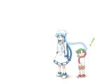  2girls blue_eyes blue_hair bracelet child crossover dress green_eyes green_hair hat ikamusume jewelry kaka_(kirby126) koiwai_yotsuba multiple_girls open_mouth quad_tails raglan_sleeves shinryaku!_ikamusume short_hair shorts simple_background tentacle tentacle_hair tentacles yotsubato! 