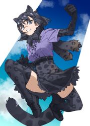  1girl animal_ears animal_print belt black_bow black_bowtie black_gloves black_hair black_jaguar_(kemono_friends) black_skirt black_thighhighs blue_eyes bow bowtie center_frills clenched_teeth clouds elbow_gloves extra_ears frilled_skirt frills full_body fur_collar gloves grey_eyes high-waist_skirt highres jaguar_ears jaguar_tail jumping kemono_friends leopard_print looking_at_viewer midair miniskirt pleated_skirt print_gloves print_skirt print_thighhighs purple_shirt scarf shirt shoes short_hair short_sleeves skirt sky smile solo tail tanabe_(fueisei) teeth thigh-highs zettai_ryouiki 