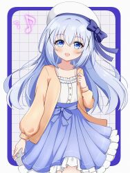 1girl :d absurdres alternate_costume beret blue_border blue_bow blue_eyes blue_hair blue_skirt blue_trim blush border bow cardigan collarbone commentary_request cowboy_shot dress eighth_note frilled_skirt frills gochuumon_wa_usagi_desu_ka? grid_background hair_ornament hat highres kafuu_chino long_hair looking_at_viewer musical_note open_cardigan open_clothes orange_sweater outside_border petticoat skirt smile solo sweater user_kkkd5375 white_dress white_hat x_hair_ornament 