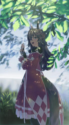  1girl absurdres animal_ears blue_eyes breasts coat commentary_request dress ear_covers gloves grey_hair hair_between_eyes highres horse_ears horse_girl horse_tail jacket long_hair multicolored_hair nao_toyooooo open_mouth outdoors pink_coat pink_dress pink_jacket single_ear_cover smile solo streaked_hair tail tree umamusume wonder_acute_(butterfly_sting)_(umamusume) wonder_acute_(umamusume) 