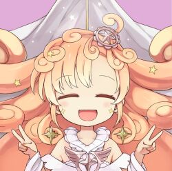  1girl blonde_hair blush closed_eyes commentary_request curly_hair hair_ornament kyukyutto_(denryoku_hatsuden) long_hair magical_girl mahou_shoujo_ikusei_keikaku mahou_shoujo_ikusei_keikaku_aces mahou_shoujo_ikusei_keikaku_queens open_mouth puk_puck smile star_(symbol) star_hair_ornament star_ornament v 