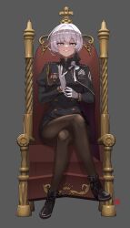  1girl absurdres commission crossed_legs full_body gloves goddess_of_victory:_nikke grey_background grey_hair grin highres liliweiss_(nikke) looking_at_viewer noonnoon531 on_throne pantyhose shiny_eyes side_cape sitting smile solo star-shaped_pupils star_(symbol) symbol-shaped_pupils throne white_gloves 