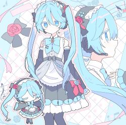 1girl arms_at_sides bare_shoulders black_hairband black_pantyhose black_sleeves blue_bow blue_bowtie blue_eyes blue_hair blush bow bowtie chibi closed_eyes closed_mouth collared_shirt commentary_request detached_sleeves double-parted_bangs feet_out_of_frame frilled_hairband frilled_skirt frilled_sleeves frills grey_bow grey_skirt grid_background hair_between_eyes hairband hatsune_miku highres kurage_itsuki long_hair long_sleeves multiple_views pantyhose profile shirt skirt sleeveless sleeveless_shirt standing tie_clip twintails vocaloid waist_bow white_background white_shirt wide_sleeves 