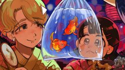  2girls absurdres bird black_hair blonde_hair blue_eyes chicken commentary diva_(hyxpk) duck earrings english_commentary fish goldfish grey_eyes highres japanese_clothes jewelry kimono lantern multiple_girls original poi_(goldfish_scoop) short_hair stud_earrings summer_festival tearing_up yellow_kimono 