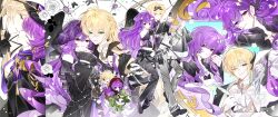  1boy 1girl ;) absurdres ahoge aiguillette akua_roos alcohol alkaid_mcgrath alkaid_mcgrath_(godheim) alkaid_mcgrath_(infinite_empire) alkaid_mcgrath_(until_the_end_of_time) angel_wings animal ascot bag baggy_pants bare_shoulders bead_necklace beads belt belt_pouch black_belt black_cape black_dress black_eyes black_gloves black_jacket black_overskirt black_shirt black_shoes black_veil black_wings blonde_hair blunt_bangs bug butterfly_hair_ornament cape cat cellphone chain chain_around_arm chibi chibi_inset closed_eyes clothed_animal clothes_grab clothing_cutout cloud_hair_ornament collage collared_shirt commission couple crop_top cross-laced_pants cup diamond_hair_ornament dress drinking_glass ear_covers earrings epaulettes expressionless falling_petals feathered_wings flower flower_symbol frilled_dress frills full_body gloves goggles goggles_on_head green_eyes grey_pants grey_vest hair_behind_ear hair_between_eyes hair_ornament hair_spread_out half-closed_eyes half_updo hat hetero highres holding holding_another's_hair holding_bag holding_cup holding_paper holding_phone holding_quill imminent_kiss jacket jewelry lens_flare long_hair long_sleeves looking_at_another looking_at_phone looking_at_viewer lovebrush_chronicles lying medium_hair midriff mihuashi_commission military_hat mole mole_under_eye multiple_persona multiple_views necklace necktie necktie_grab neckwear_grab oc_x_canon off_shoulder official_alternate_costume on_back one_eye_closed original outstretched_arm pants paper parted_lips peaked_cap petals phone pouch purple_hair purple_hat purple_necktie purple_ribbon quill ragdoll_(cat) red_pupils red_wine ribbon riding rose see-through_clothes see-through_veil selfie shirt shoes shopping_bag shoulder_cutout silk single_ear_cover sleeves_past_wrists smartphone smile sparkle_earrings spider spider_hair_ornament spider_web spider_web_print standing star_(symbol) star_hair_ornament striped_ribbon suit tassel thigh_strap upper_body veil very_long_hair vest white_ascot white_flower white_gloves white_hat white_rose white_shirt white_suit wine wine_glass wings x_(symbol) x_hair_ornament yellow_necktie 