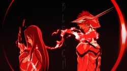  1boy 1girl absurdres back-to-back bare_shoulders bleach bleach:_sennen_kessen-hen body_markings breasts chain commentary english_commentary english_text from_side glowing head_back head_down highres hole_in_chest hole_on_body horns huge_breasts inoue_orihime kurosaki_ichigo muscular muscular_male pedrozox2093 profile red_theme shirt upper_body 