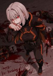  6+girls absurdres blood blood_on_clothes blood_on_face blood_on_hand blood_on_knife blood_on_weapon blood_splatter bodysuit breasts clone commentary corpse from_above full_body glowing glowing_eyes goriahn hair_intakes hand_on_own_cheek hand_on_own_face highres holding holding_knife holding_weapon knife large_breasts multiple_girls myo_(project_moon) open_mouth project_moon red_hair smile weapon white_hair 