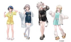  4girls animal_ears animal_slippers black_hair black_slippers blonde_hair braid commentary_request full_body green_eyes grey_hair hair_ribbon hololive kazama_iroha leg_warmers lion_ears lion_girl lion_tail looking_at_viewer medium_hair multiple_girls nonomaro official_art one_eye_closed oozora_subaru open_mouth ribbon shirogane_noel shirt shishiro_botan short_hair shorts simple_background sleepwear slippers smile socks standing tail thigh-highs white_background white_leg_warmers white_slippers white_socks white_thighhighs yellow_shirt yellow_shorts 