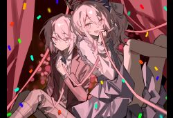  2others :d \m/ absurdres aged_down akiyama_mizuki akiyama_mizuki_(middle_school) arm_behind_head arm_up bow brown_vest clone collared_shirt commentary_request confetti curled_ends curtains dual_persona frilled_sleeves frills grey_skirt hair_bow hand_on_own_chest hand_up high-waist_skirt highres holding holding_ribbon jacket lapels legs_up long_hair long_sidelocks long_sleeves looking_at_viewer multiple_others notched_lapels pants pillarboxed pink_eyes pink_hair pink_ribbon plaid_clothes plaid_pants project_sekai red_background red_jacket ribbon serien shirt short_hair side_ponytail sidelocks sitting skirt smile time_paradox vest white_shirt 