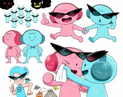  >_o ._. 1girl absurdres blue_hair blue_shirt bow bowtie closed_eyes closed_mouth clouds dinosaur eyewear_on_head hair_bun hand_on_own_hip hands_on_own_hips happy headphones heinzlike highres holding holding_hands looking_at_another mr._blue_(rhythm_tengoku) ms._pink multiple_views one_eye_closed open_mouth pink_cloud_(rhythm_tengoku) pointing red_bow red_bowtie rhythm_alien rhythm_tengoku rhythm_tengoku_miracle_stars running shirt simple_background single_hair_bun sleeveless sleeveless_shirt smile sparkle standing sunglasses sweat sweatdrop the_guardian_(rhythm_tengoku) thumbs_up towel ufo warping_alien_(rhythm_tengoku) white_background wiping_face yellow_cloud_(rhythm_tengoku) 