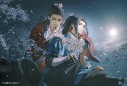  2boys all_wishes_come_true! arm_around_shoulder arm_guards bandaged_hand bandages black_eyes black_hair black_pants blue_hanfu blue_ribbon branch chinese_clothes closed_mouth commentary_request facial_hair goatee hair_bun hair_ribbon hand_fan hands_on_own_knees hanfu highres holding holding_fan jewelry kaeru_(qingwali) long_hair looking_at_viewer lu_dongbin_(all_wishes_come_true!) male_focus moon multiple_boys necklace night on_roof outdoors pants parted_bangs ponytail red_hanfu red_ribbon ribbon sitting sitting_on_roof smile soul_patch zhongli_quan_(all_wishes_come_true!) 