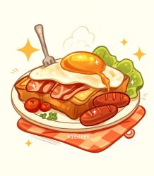  artist_name bacon bread bread_slice cherry_tomato commentary egg_(food) english_commentary food food_focus fork highres kaaileen lettuce no_humans original plate sausage simple_background sparkle tomato white_background 
