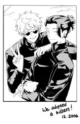  2boys absurdres animal arm_on_another's_shoulder baby_animal cat closed_mouth english_text fake_photograph geto_suguru gojo_satoru greyscale grin hair_bun highres holding holding_animal jujutsu_kaisen kitten long_sleeves male_focus monochrome multiple_boys rizurin round_eyewear smile v 
