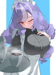  absurdres alternate_costume apron bonnet commentary_request dress drill drill_hair drill_sidelocks frilled_apron frills hand_on_own_chest highres holding holding_tray long_hair maid maid_apron maid_headdress manatsu_495 multicolored_hair one_eye_closed puffy_sleeves purple_hair red_eyes sidelocks tray twin_drills vivian_banshee waist_apron white_apron white_headdress zenless_zone_zero 