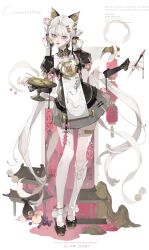  1girl absurdres aegyo_sal alcohol animal_ears architecture asymmetrical_legwear black_ribbon black_shoes calligraphy_brush chinese_commentary closed_mouth commentary_request detached_collar dress east_asian_architecture eyelashes fake_animal_ears fingernails food frills fruit full_body grapes hair_ornament hair_ribbon highres holding holding_calligraphy_brush holding_paintbrush huang_chan lips long_hair looking_at_viewer mismatched_legwear mountain nail_polish original paintbrush peach pink_eyes pink_lips pink_nails puffy_short_sleeves puffy_sleeves ribbon shoes short_sleeves solo standing tassel very_long_hair white_hair wine 