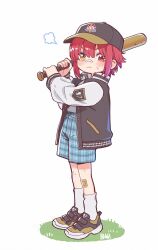  1boy a-ka aged_down alternate_costume alternate_hair_length_(shorter) bandaid bandaid_on_face bandaid_on_nose baseball_bat baseball_cap black_hat black_jacket blue_shorts blush child closed_mouth commentary_request full_body gauze_on_knee genderswap genderswap_(ftm) hat heterochromia highres holding holding_baseball_bat hololive houshou_marine jacket kneehighs long_sleeves looking_at_viewer male_focus multicolored_jacket open_clothes open_jacket plaid_clothes plaid_shorts puff_of_air red_eyes red_hair shoes short_hair shorts simple_background socks solo standing two-tone_hat two-tone_jacket virtual_youtuber white_background white_jacket white_socks yellow_eyes 