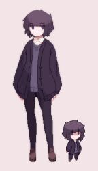  1girl animated animated_gif arms_at_sides black_cardigan black_eyes black_hair black_pants brown_shoes cardigan chibi closed_mouth collared_shirt dot_nose expressionless full_body iahtruong iris_(iahtruong) jitome layered_clothes legs_apart loafers long_sleeves looking_at_viewer looping_animation lowres multiple_views open_cardigan open_clothes original pants pixel_art puffy_long_sleeves puffy_sleeves shaded_face shirt shoes short_hair simple_background standing 