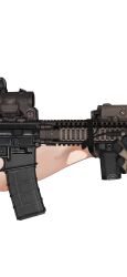  1girl assault_rifle blue_archive brown_gloves elcan_scope foregrip fte_(fifteen_199) gloves gun highres holding holding_gun holding_weapon m4_carbine magazine_(weapon) rifle scope simple_background thumbnail_collage toki_(blue_archive) weapon weapon_focus white_background 