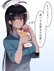  1girl black_hair blue_archive blue_bow blue_cardigan blush bow cardigan closed_mouth collared_shirt commentary_request crepe food food_on_face halo highres holding holding_crepe holding_food karin_(blue_archive) karin_(school_uniform)_(blue_archive) korean_commentary mixed-language_commentary official_alternate_costume orange_eyes purple_halo shirt short_sleeves solo towel17815 translation_request white_shirt 