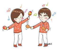  1boy 1girl ^_^ artist_name beamed_eighth_notes beamed_sixteenth_notes blush brown_hair chibi chicken_(food) closed_eyes closed_mouth commentary_request dancing eighth_note food full_body guest_c_(mii) guest_f_(mii) highres holding instrument long_sleeves mii_(nintendo) miifighterss2 musical_note nintendo pants print_shirt red_shirt red_sweater shirt shoes short_hair simple_background smile standing sweater tomodachi_life tomodachi_life:_living_the_dream twitter_username white_background white_pants 