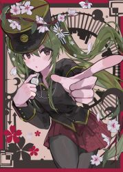  1925_(vocaloid) 1girl black_eyes black_pantyhose black_shirt border bow commentary_request cowboy_shot cropped_legs floral_background flower gold_trim green_hair hair_between_eyes hair_bow hair_flower hair_ornament hat hat_flower hatsune_miku highres holding holding_whistle koutya_cat l_hand leaning_to_the_side long_hair long_sleeves looking_to_the_side miniskirt pantyhose peaked_cap petals pleated_skirt pointing pointing_forward red_border red_skirt shirt sidelocks skirt solo striped_bow triangle_mouth twintails two-tone_hat upwards_triangle_mouth very_long_hair vocaloid whistle white_flower white_petals 