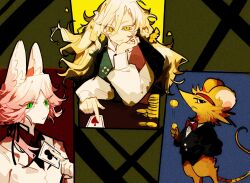  1girl 2boys ace_(playing_card) ace_of_clubs ace_of_spades aislan animal_ears black_jacket blonde_hair bow bowtie card cat_boy cat_ears club_(shape) deltarune flowery_(deltarune) furry furry_male genderswap genderswap_(ftm) genderswap_(mtf) green_eyes head_on_hand headband holding holding_card jacket jacket_on_shoulders long_hair long_sleeves mad_mew_mew mouse_boy multiple_boys orange_(deltarune) pink_hair playing_card puffy_long_sleeves puffy_sleeves red_bow red_bowtie red_headband spade_(shape) suit_jacket sunglasses utdr_(toby_fox) white_jacket yellow_eyes 