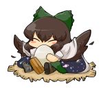  arm_cannon blush_stickers bow brown_hair cape chibi closed_eyes egg eyes_closed hair_bow mismatched_footwear nest nura_(oaaaaaa) reiuji_utsuho sitting solo touhou weapon wings 