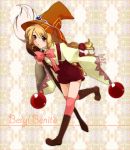  beryl_benito blonde_hair boots bow brooch brown_eyes character_name hair_ribbon hat highres iseyun jewelry kneehighs long_hair paintbrush pink_legwear ribbon running shorts solo suspenders tales_of_(series) tales_of_hearts witch_hat yellow_background 