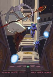  1girl 2others alien armor battle belt black_belt black_pantyhose blue_armor boots brown_boots cairo_station capelet earrings elevator elf frieren from_behind from_below halo_(series) halo_2 highres holding holding_staff jewelry kanokoga long_hair mage_staff multiple_others pantyhose plasma pointy_ears robe sangheili scene_reference signature sousou_no_frieren space space_station spacesuit staff star_(sky) steel_beam thrusters twintails white_capelet white_hair white_robe zero_gravity 