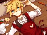  apron blonde_hair blue_eyes blush food formal frown kagamine_len knife lying male mukkun nail_polish on_back potato short_hair solo sweatdrop tomato vocaloid 