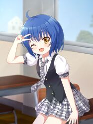  1girl :d ;d ahoge black_vest blue_hair blush bob_cut bow bowtie classroom commentary_request cowboy_shot darkpi_(sekzpeodgeodjg) desk fang gochuumon_wa_usagi_desu_ka? grey_bow grey_bowtie grey_skirt highres jouga_maya looking_at_viewer on_desk one_eye_closed plaid_bow plaid_bowtie plaid_clothes plaid_skirt puffy_short_sleeves puffy_sleeves school_desk school_uniform shirt short_hair short_sleeves skin_fang skirt smile solo summer_uniform tedeza_rize's_school_uniform unbuttoned unbuttoned_shirt v v_over_head vest white_shirt window 