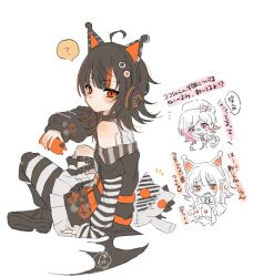  2girls ? ahoge animal_ear_headphones animal_ears asymmetrical_legwear asymmetrical_sleeves bare_shoulders bat_wings belt belt_collar black_choker black_hair black_nails black_shoes black_sweater cat_ear_headphones cat_ears cellphone chibi chibi_inset choker closed_mouth collar eyeball_hair_ornament fake_animal_ears full_body headphones holding holding_phone leg_belt lkdig long_sleeves looking_at_viewer mahou_shoujo_no_majo_saiban multicolored_hair multiple_girls nail_polish off-shoulder_sweater off_shoulder orange_eyes orange_nails orange_streaks pantyhose phone sakuraba_ema sawatari_coco shirt shoes short_hair signature single_leg_pantyhose sitting skirt skirt_under_dress sleeveless sleeveless_shirt smartphone solo_focus spoken_question_mark streaked_hair striped_clothes striped_pantyhose striped_sleeves stuffed_animal stuffed_cat stuffed_toy sweater white_shirt white_skirt wings 