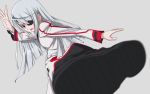  bad_id blurry boots depth_of_field eyepatch infinite_stratos kicking laura_bodewig long_hair perspective red_eyes silver_hair solo uniform 