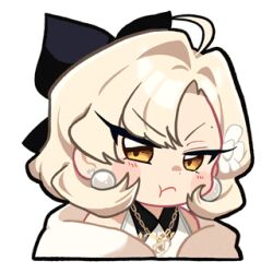  1girl :t ahoge animated animated_gif astrae_oratio asymmetrical_bangs black_ribbon blonde_hair blush brown_eyes earrings flower_hairclip gold_necklace hair_intakes hair_ribbon jewelry keikou_mayoi looking_at_viewer lowres medium_hair mole mole_on_forehead nail_polish necklace official_art pearl_earrings pink_nails pout ribbon second-party_source sidelocks simple_background solo white_background 